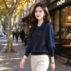 2026 Primavera/Outono Nova Camiseta Elegante com Gola Lapela de Manga Longa para Mulheres, Solta, Cobre a Barriga, Versátil, Fashionável, Elegante, Camada Base de Tricô