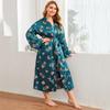 Amazon Transfronterizo Ropa de Dormir para Mujer Tallas Grandes Europea y Americana Satín Imitación Seda Estampada Oversize Bata de Baño de Manga Larga para Mujer