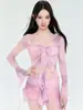 Traje de baño de dos piezas para mujer estilo 2026 con pareo de falda, conjunto deportivo conservador de cuatro piezas con manga larga para protección solar, adelgazante y que oculta el abdomen, adecuado para aguas termales