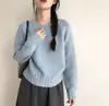 Suéter de Punto de Color Sólido con Cuello Redondo, Estilo Perezoso Otoño e Invierno para Mujer, Manga Larga, Corte Holgado, Adelgazante, Versátil, Top Corto Suave de Punto para Mujer