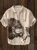 Moda de Verano Tallas Grandes Ropa Juvenil para Hombre Camisa de Manga Corta Cárdigan de Lino Solapa Gato Divertido Estampado de Pintura a Tinta