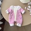 Roupas de Peça Única Longa de Manga Longa Estilo Ocidental para Menina de Bebê, Novidade de Primavera e Outono, Gola com Cadarço, Flor de Lã, Camada Dupla