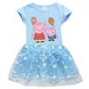 Verano 2023 Nuevo Ropa Infantil de Comercio Exterior Cerdo Peggy Dibujo Animado Estrellas y Luna Europeas y Americanas Dobladillo Vestido Infantil de Algodón de Manga Corta
