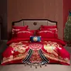 Juego de Cuatro Piezas de Boda de Lujo Estilo Chino Dragón y Fénix, Ropa de Cama Bordada de Algodón Puro para Boda, Colcha Roja de Dote, Ropa de Cama para Habitación de Boda