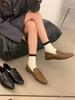 Cuero Genuino 2024 Nuevo Estilo Francés Elegantes Zapatos de Cuero Marrón Tacón Stomp Mocasines Punta Afilada Planos Cuero Brillante Zapatos de Una Capa para Mujer