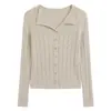 Cárdigan de Punto Hueco Acanalado de Manga Larga para Mujer, Atmósfera Otoño/Invierno, Elegante Suave y Esponjoso, Top Base Ajustado con Cuello en V Plegado
