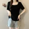 2026 Verão Novo Estilo Tamanho Plus Feminino Design Coreano Bordado Pesado Gola U Manga Curta Camiseta Top