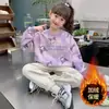 Moletom de Lã de Inverno para Meninas, Nova Moda Elegante para Outono e Inverno para Crianças Maiores, Tops Quentinhos com Estampa de Desenho e Manga Longa