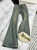 Jeans Vintage Azul Lavado Velho Forrado com Fleece Micro Flare Feminino Outono e Inverno Novos Calças de Cintura Alta Stretch