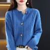 Chaqueta de Punto Cardigan de Lana 100% Otoño Nueva, Cuello Redondo Estilo Coreano, Color Sólido Simple, Trenzado de Diamantes, Corte Ajustado Adelgazante
