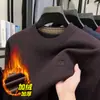 Suéter de peça única de lã mista de alta qualidade com gola redonda em fleece para homens, outono e inverno, pulôver espesso e quente, malha de base