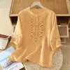 Camisa de Verano Retro 2025 de Color Sólido Algodón-Lino Bordado Étnico Cuello Alto Media Manga para Mujer, Estilo Delgado Holgado y Adelgazante