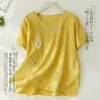 Nova Camiseta de Manga Curta Bordada em Algodão e Linho Estilo Chinês Guofeng Indústria Pesada Feminina Top Solto Design Pulôver Gola Redonda Camisa Pequena para Mulheres