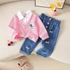 Conjunto de Pantalones Jeans con Bordado de Cereza de Industria Pesada, Top con Puntada de Encaje de Textura Transfronteriza Nueva Primavera 2025