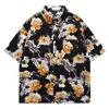Camisa Floral de Seda de Gelo Masculina Manga Curta Verão Fina Alta Qualidade Caimento Elegante Bonita Masculina e Feminina Solta Manga 3/4 Praia