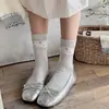 Meias Fofas Doces de Cano Médio Femininas Outono Estilo Fino Top Bolha Franzido Estilo Coreano Tecido Floral Etiqueta Meias Largas Meias Longas