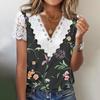 Camiseta de manga corta con cuello en V y encaje suelto para mujer, estilo independiente, de Amazon, verano 2023, estilo europeo y americano