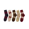 Calcetines de Navidad para Mujer, Populares Calcetines Transfronterizos de Media Pantorrilla, Calcetines Retro de Invierno y Otoño Cálidos con Hilo Dorado de Reno para Mujer, Calcetines Gruesos de Rizo