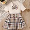 Traje de verano para niños estilo universitario coreano solapa a rayas lazo manga corta falda a cuadros conjunto de dos piezas