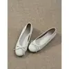 Versão em pele de ovelha~Sapatilhas estilo francês, bico redondo suave, com laço, para mulheres, couro genuíno, vintage, versáteis, sapatilhas rasteiras