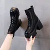 Botas de Cano Médio Estilo Britânico Super Salto Alto Femininas com Solado Grosso e Salto Bloco, Cadarço, Botas Curtas Emagrecedoras para Mulheres Baixas, Aumentar Altura