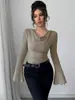 Moda Feminina Europeia e Americana Transfronteiriça Outono/Inverno 2026 Camiseta Básica Gola Redonda Canelada Ombro a Ombro Manga Longa de Tricô Slim Fit Estilo para o Trabalho
