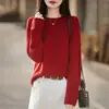 Novedad Primavera/Verano 2026 Tejido de Punto Premium para Mujer de Seda y Lana Cuello Redondo Manga Larga Borde Enrollado Color Sólido Camiseta Básica
