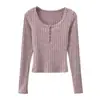 Blusa de Tricô Sexy com Botões Slim-Fit para Mulheres Quentes Outono e Inverno Nova Cor Sólida Canelada Manga Longa Camisa Base