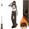 Pantalones largos de mujer de estilo americano, retro, color café, con forro polar cálido, de tiro bajo, acampanados, transfronterizos