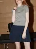 Suéter Suave Ceroso de Manga Corta para Mujer Primavera/Verano 2025 Nuevo Estilo Academia Bordado con Letras Camisa Corta