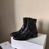 Versão em Couro de Vaca ~ Sapatos Estilo Mãe Uva, Bico Fino Arredondado Fashionável Salto Grosso Zíper Lateral Efeito Emagrecedor Botas Curtas de Couro de Cavalo para Mulheres