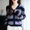 Suéter Jacket de Punto Fino Otoño Elegante con Borlas Rayado de Cuello en V para Mujer Moda Bordes Crudos Transfronterizo Bloques de Color Ajuste Holgado