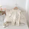 Conjunto de Roupa de Casa Floral de Algodão Estilo Coreano para Bebê Menina, Manga Longa, Manga Morcego, Abertura com Botão, Roupa para Usar por Cima ou Dormir, Outono e Inverno