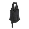 Top de Chifón con Cuello Halter de Lunares y Tirantes Irregulares Fruncidos, Sin Mangas, Al por Mayor en Stock