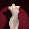 Medias de Encaje Fino Qinghe con Cordones, Seda Brillante al Aceite, Falda Bodycon Brillante Sedosa, Falda Negra de Seda Sexy sin Espalda Estilo Club Nocturno