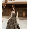 Vestido de lana a cuadros de otoño estilo francés, versión nueva de falda larga, talla grande para mujer, ceñidor de cintura, adelgazante, vestido falso de dos piezas