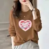 Suéter de Gola Redonda para Primavera e Outono, Manga Longa Bufante, Blusa Feminina com Estampa de Letras e Geométrica, Estilosa e Versátil