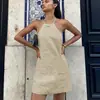 Vestido Cruzado com Gola Halter para Mulheres, Verão Algodão e Linho Slim Fit Corte A Curto, Vestido Retro Sexy de Cintura Alta