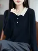 Suéter de punto jacquard fino de lana 6 para mujer, manga larga, estilo retro simple de otoño e invierno, top de capa interior holgado