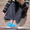 Versão em pele de ovelha ~ Sapatilhas de balé de bico redondo com laço francês sapatos azuis pequenos femininos sapatos baixos vento suave