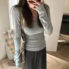 Camisa Básica Preta Decote V para Mulheres no Outono e Inverno, Roupa Íntima Pequena, Pode Ser Usada por Fora, Top Sexy Slim de Manga Longa com Forro de Veludo e Lã