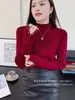 Nueva camiseta base de punto de cuello medio alto estilo coreano para mujer, suéter ajustado de manga larga con adornos de diamantes y diseño elegante para otoño e invierno