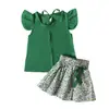 Ropa infantil de verano para niñas estilo europeo y americano: top de manga corta con volantes + falda floral con lazo, conjunto de dos piezas, moda ins para niños