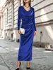 Vestido largo de terciopelo europeo y americano de alta gama con cuello fruncido, pliegues laterales en la cintura, manga larga ajustado para mujer