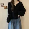 Suéter de Punto Canalé con Cuello en V para Mujer, Nuevo Estilo Primavera y Otoño 2025, Holgado y Adelgazante, Tallas Grandes, Longitud Media, Suéter Básico Estilo Perezoso