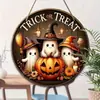 Letrero Redondo de Madera de Fantasma de Halloween Placa Decorativa Creativa Letrero de Madera de Halloween "Truco o Trato"