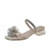 Sandálias de Salto Grosso com Strass Estilo Fada para Mulheres, Novidade Verão 2026 Sandálias Slip-On Versáteis com Bico Quadrado e Salto de Cristal