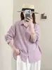 Camisa Feminina de Linho Puro Grande Corte Evasê Outono 2026 Estilo Boyfriend Acabamento Limpo Gola Lapela Manga Longa Top de Linho 2670