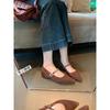 Zapatos de Estudio Elegantes de Piel Genuina con Punta Fina y Tira de Pedrería, Estilo Vintage, Zapatos de Piel de Oveja Suave de Gamuza de Terciopelo con Boca Baja para Mujer