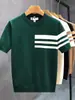 Nueva camiseta de punto de manga corta para hombre de verano, a rayas, simple, business casual, corte ajustado, camiseta de seda helada, venta al por mayor transfronteriza